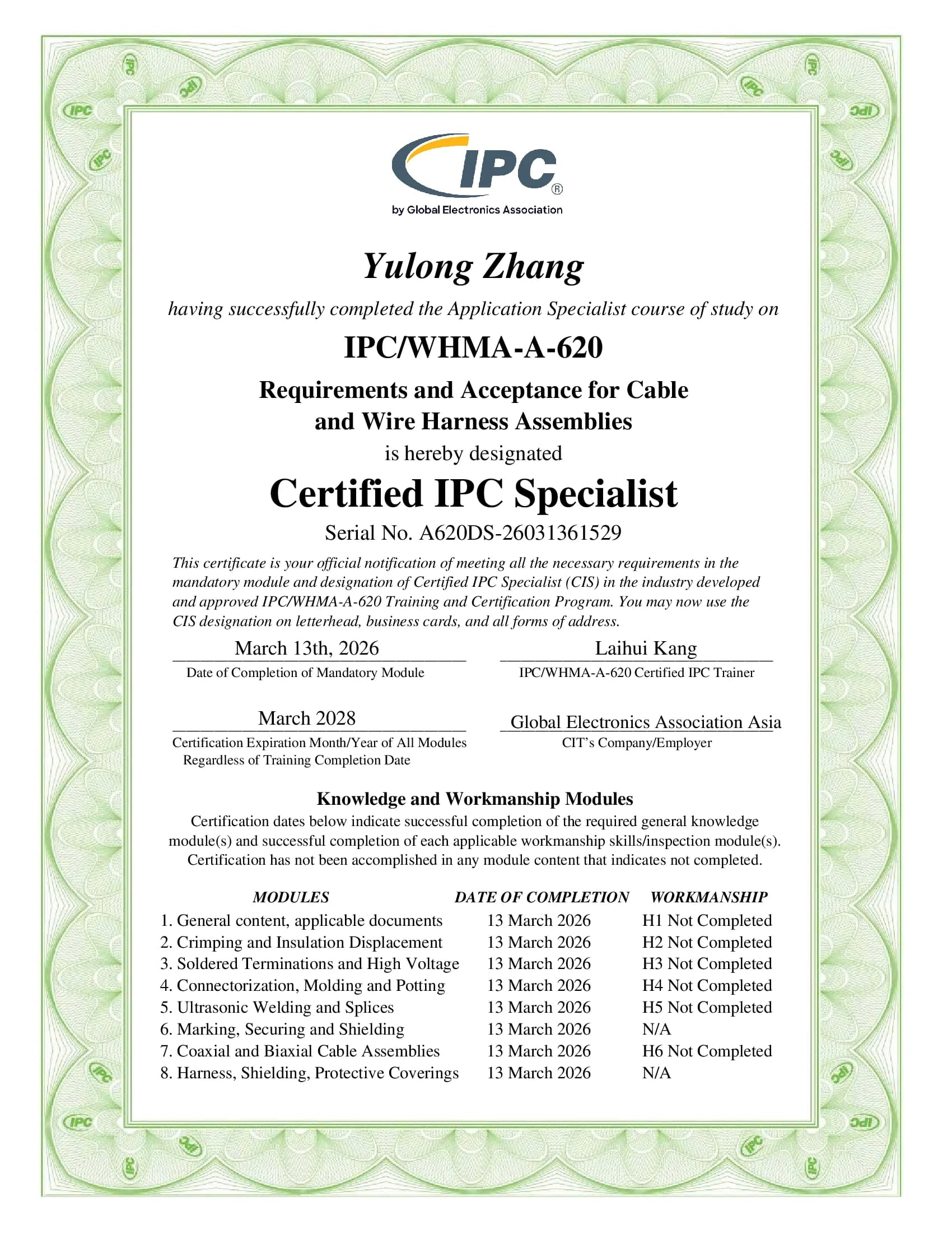 IPC/WHMA-A-620 certificate — held by China manufacturing partner Hebei Cloom Electronic Technology Co., Ltd.
